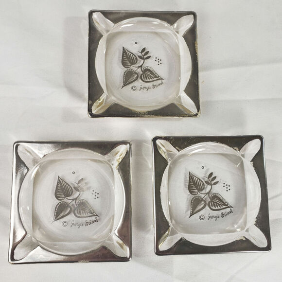 3 Mid Century Modern Georges Briard Glass Ashtrays with Sterling Silver Overlay - Picture 1 of 8